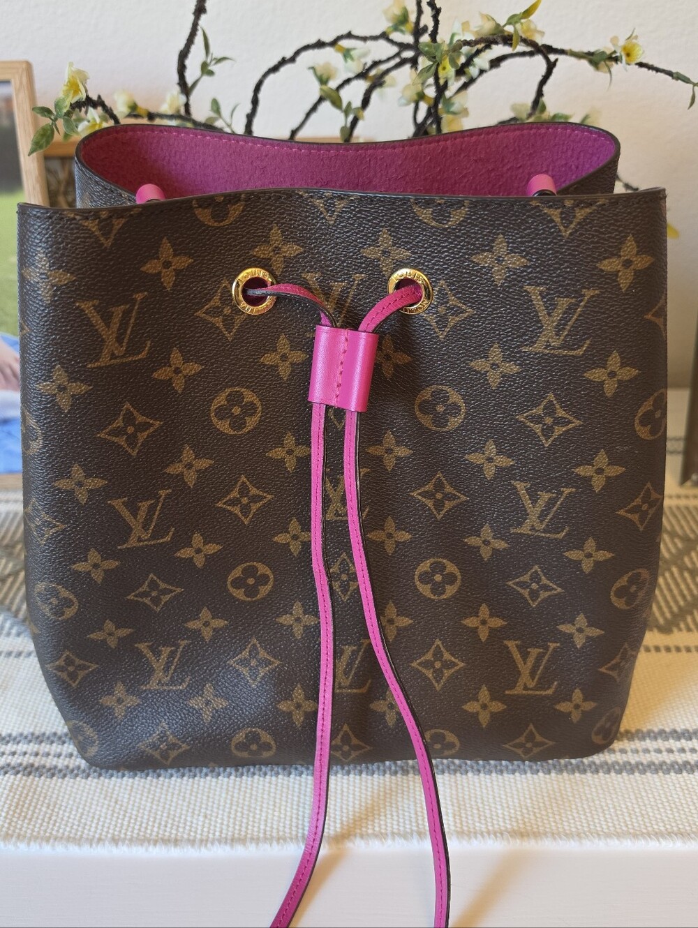 Monogram Bucket Bag with Fuchsia Trim